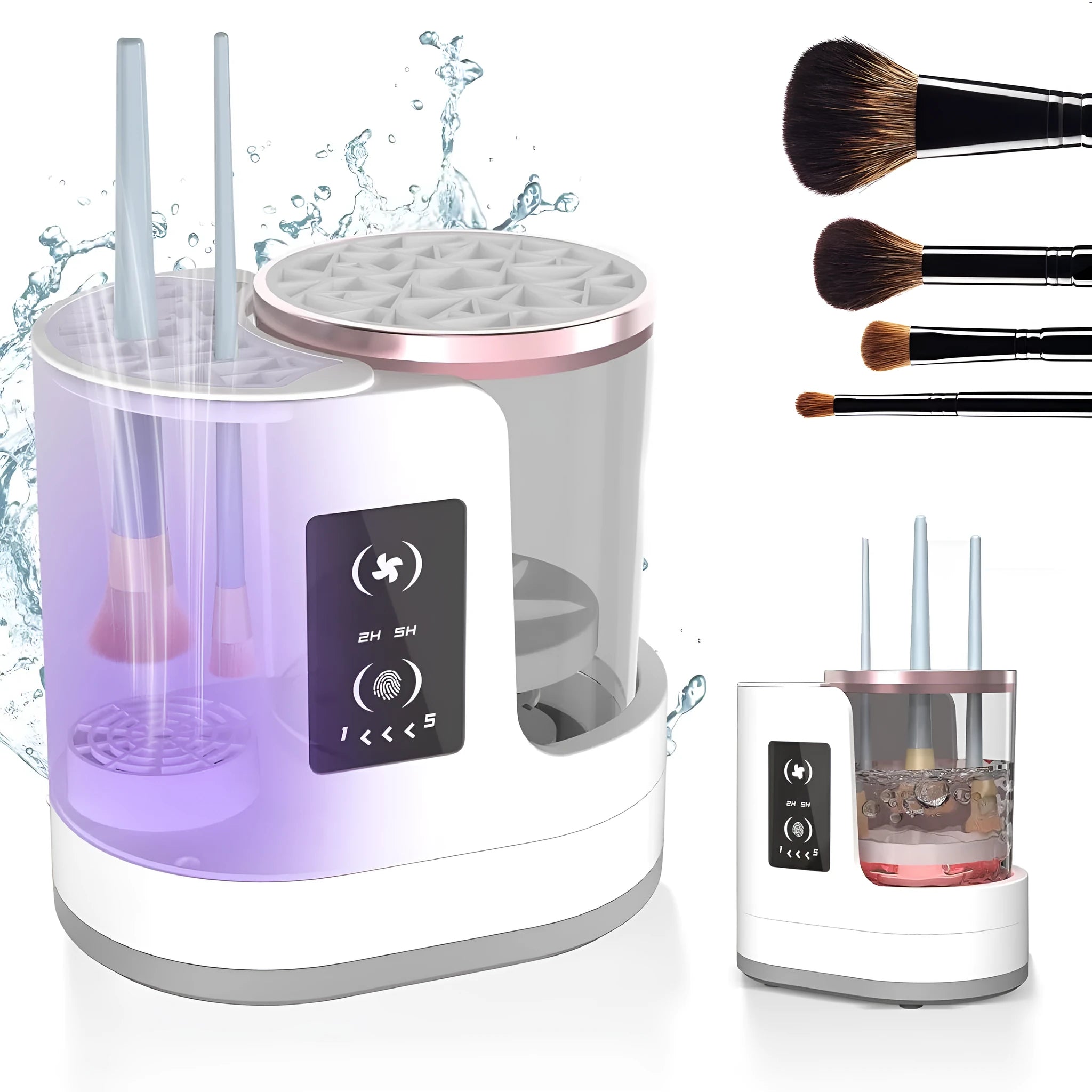 White rechargeable electric makeup brush cleaner with drying chamber on a vanity table.