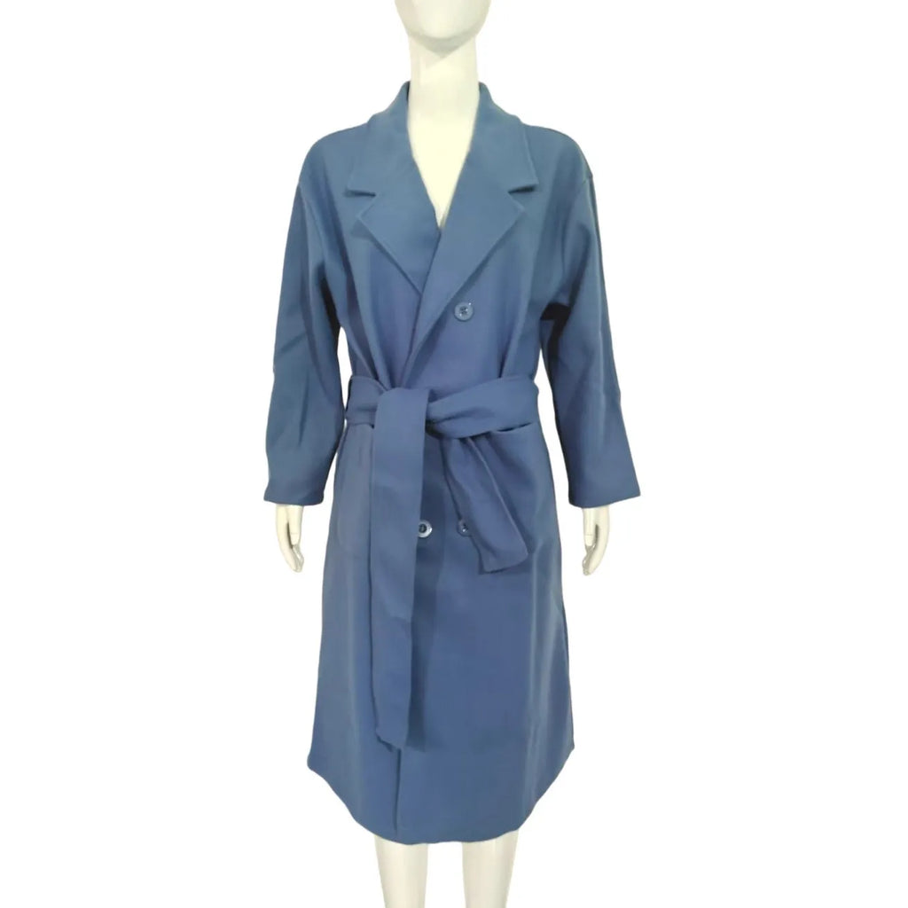 Blue waist-tie mid-length women's wool coat with patchwork pockets