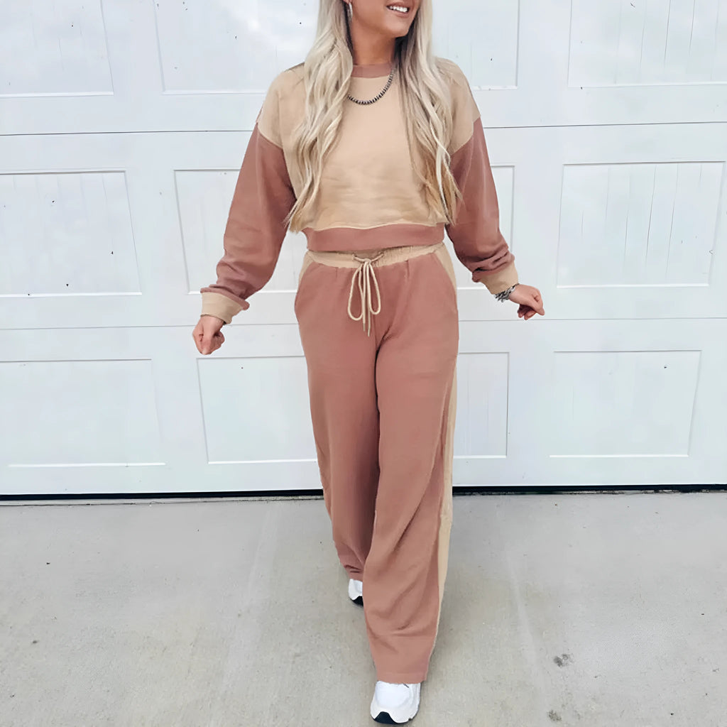 Women's camel colour cotton lounge set with matching top and trousers
