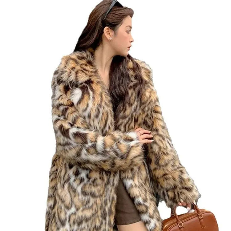Faux fur fashion coat with fur collar in street style design showing long and medium length options