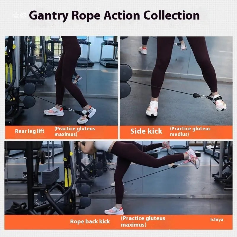 Black adjustable buckle ankle strength strap with foot lanyard for suspension training.