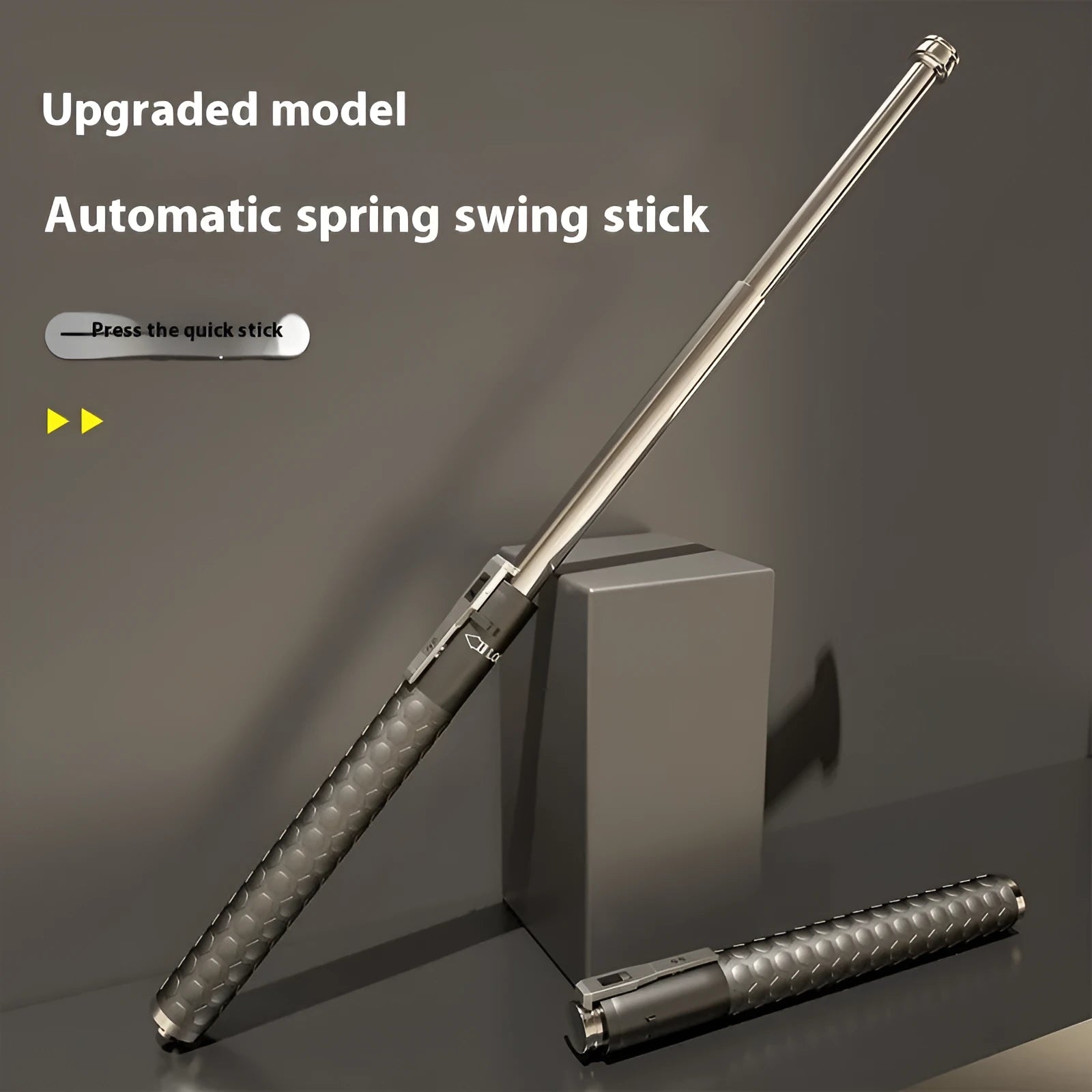 Automatic spring expandable baton in titanium black with three size options for self-defense