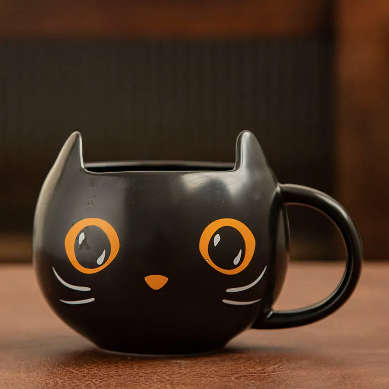 Black ceramic cat-shaped mug with pumpkin-covered spoon lid, 355ml capacity couple gift set