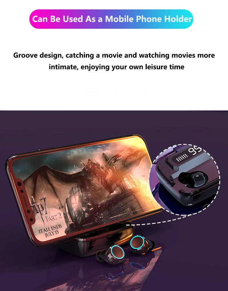 Black M11 wireless Bluetooth in-ear headphones with a matching charging case showing digital battery display.