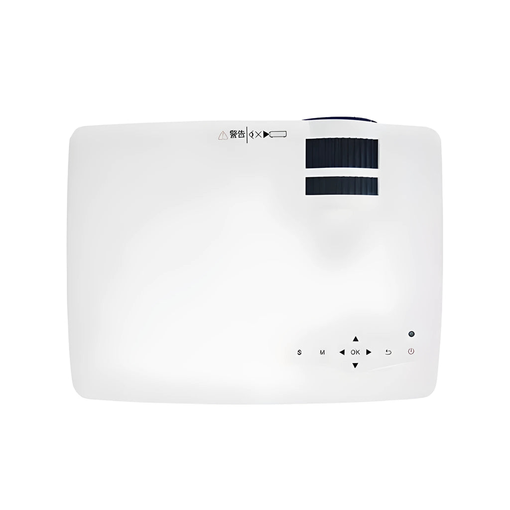 White home projector with LED lens on a table, showing a bright projected image on a wall
