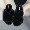 Cross open-toe fur slippers showing personalised toe design and patterned non-slip soles
