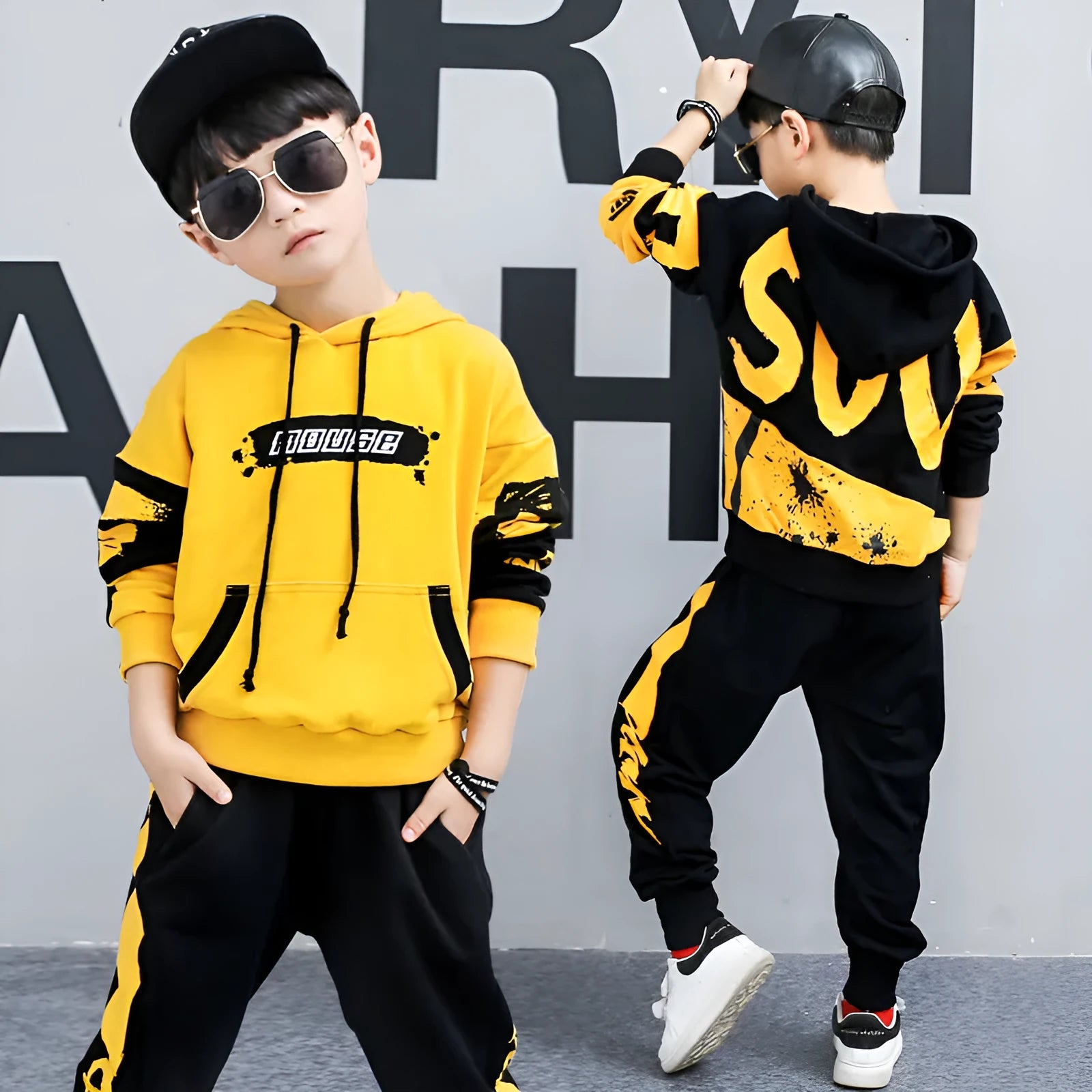 Boy's black and yellow hooded cotton sports suit two-piece tracksuit Korean style
