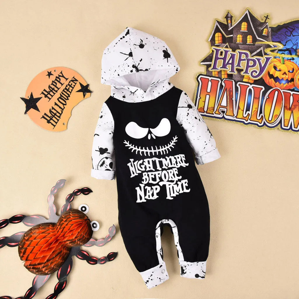 Black and brown cotton Halloween romper for children with long sleeves and a hood, shown in sizes 70cm to 100cm.