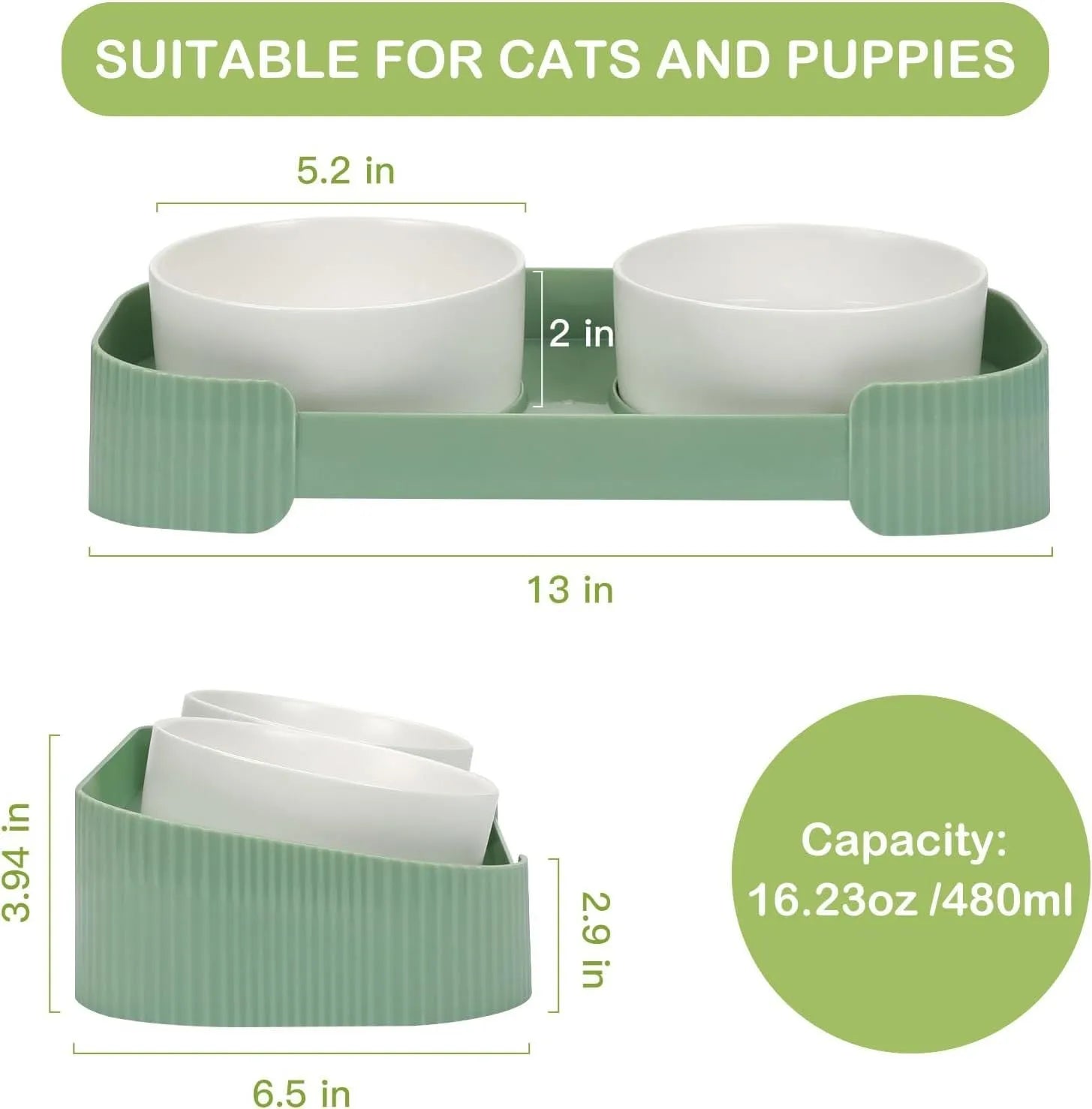 Ceramic elevated cat bowls with 15 degree tilted stand in green, white and yellow colours