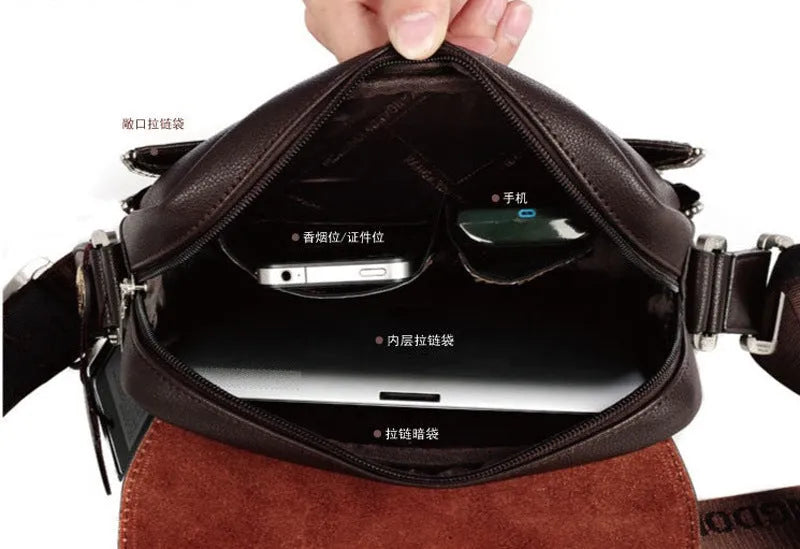 Men's PU leather messenger bag solid colour vertical model in Brown with cover closure and slit pocket