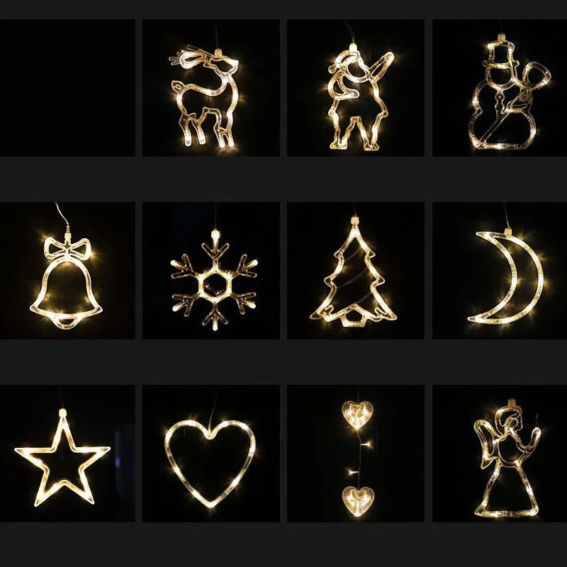 Battery-powered LED Christmas chandelier with suction cups, showing Santa Claus and snowman shapes