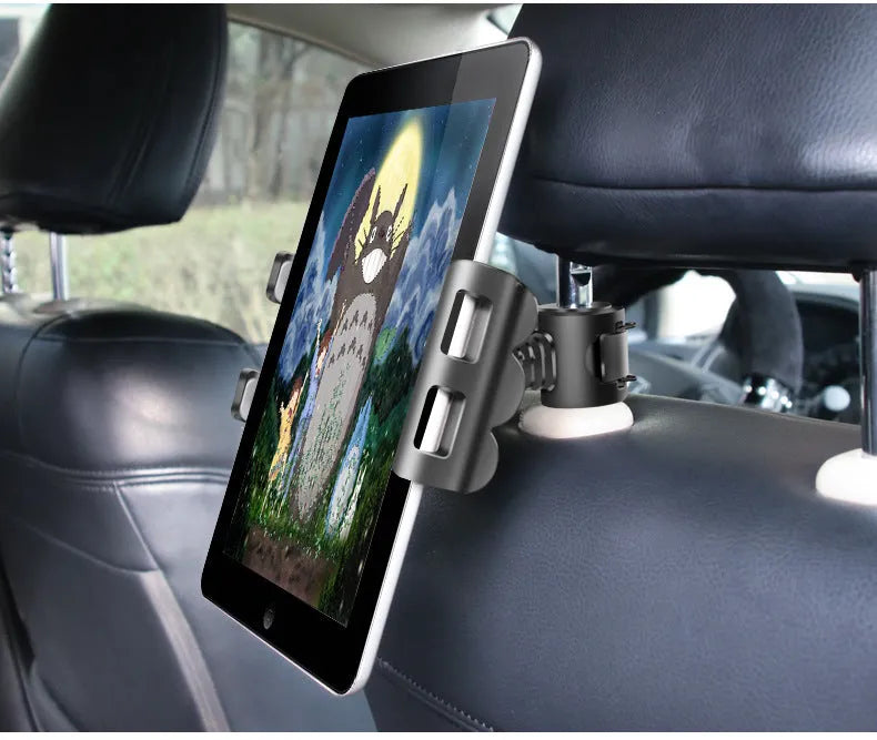 Car headrest phone and tablet holder with adjustable 360-degree rotation bracket in black, blue, or red.