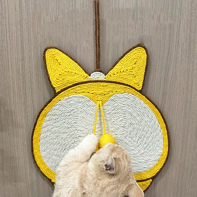 Yellow rectangular sisal cat scratching pad with Corgi butt design on a white background