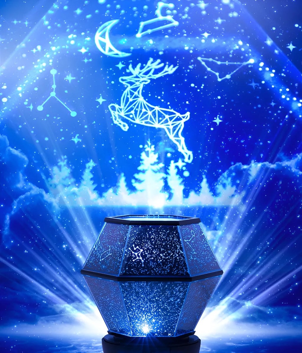 Children's rotating star projection night light with three-colour LED modes.