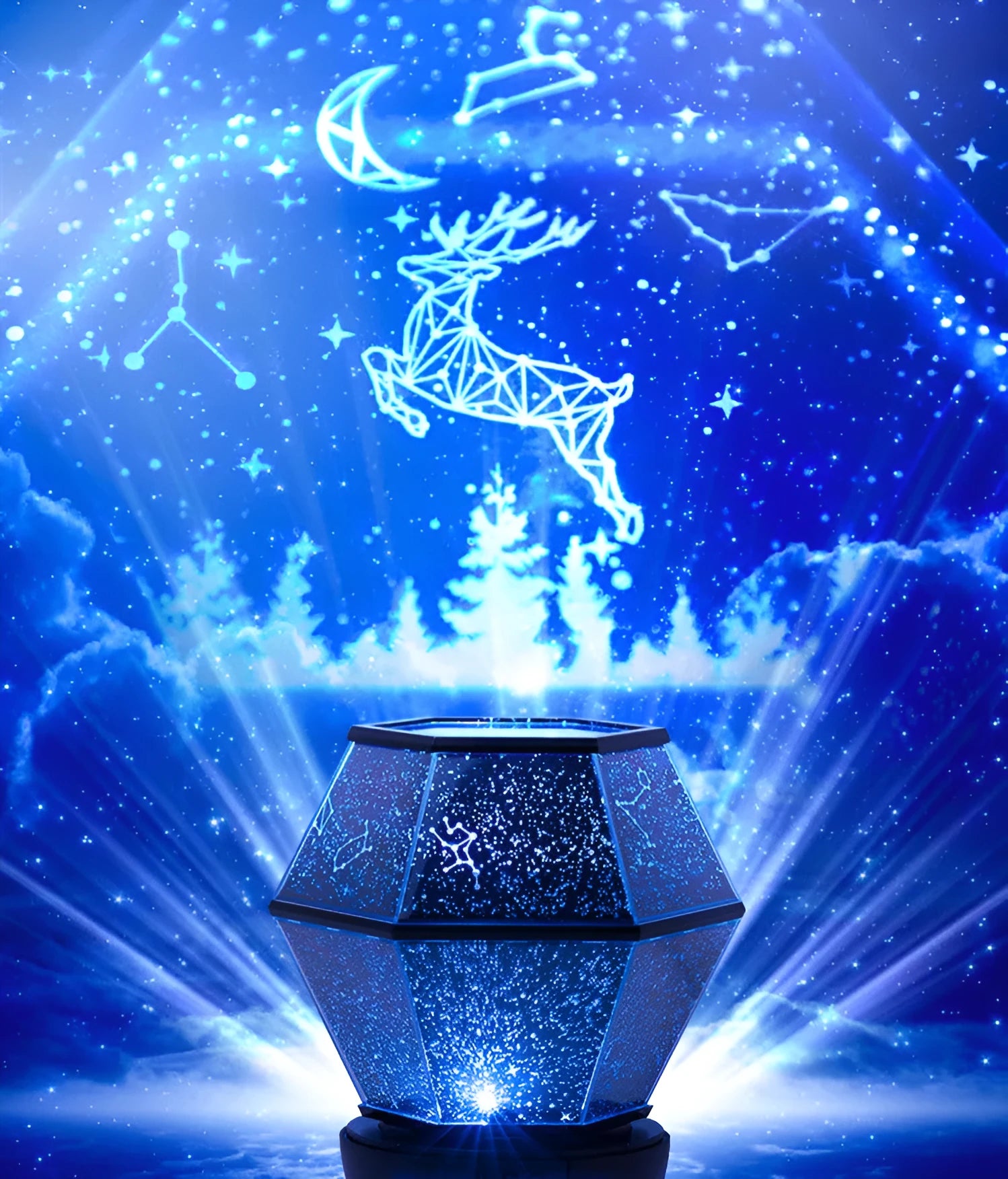 Children's rotating star projection night light with three-colour LED modes.