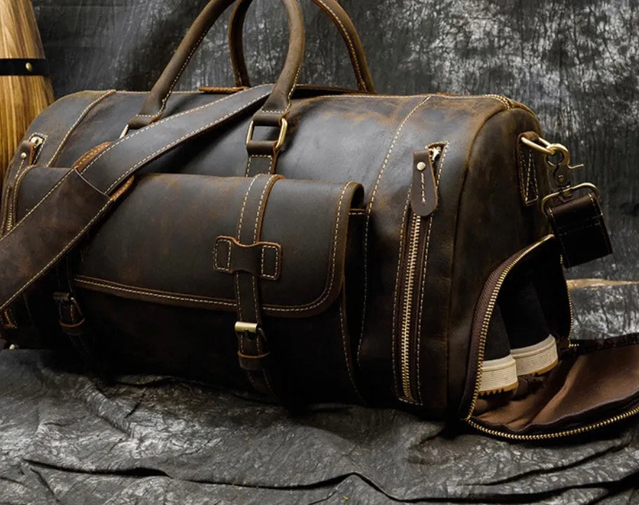 Retro crazy horse leather travel bag 22 inch 36-55L first layer cowhide in red brown or dark brown