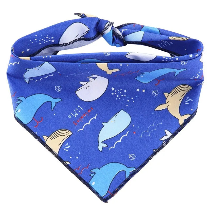 Dog wearing a 100% cotton triangle scarf with animal print pattern and waterproof bib, L size 64x43cm