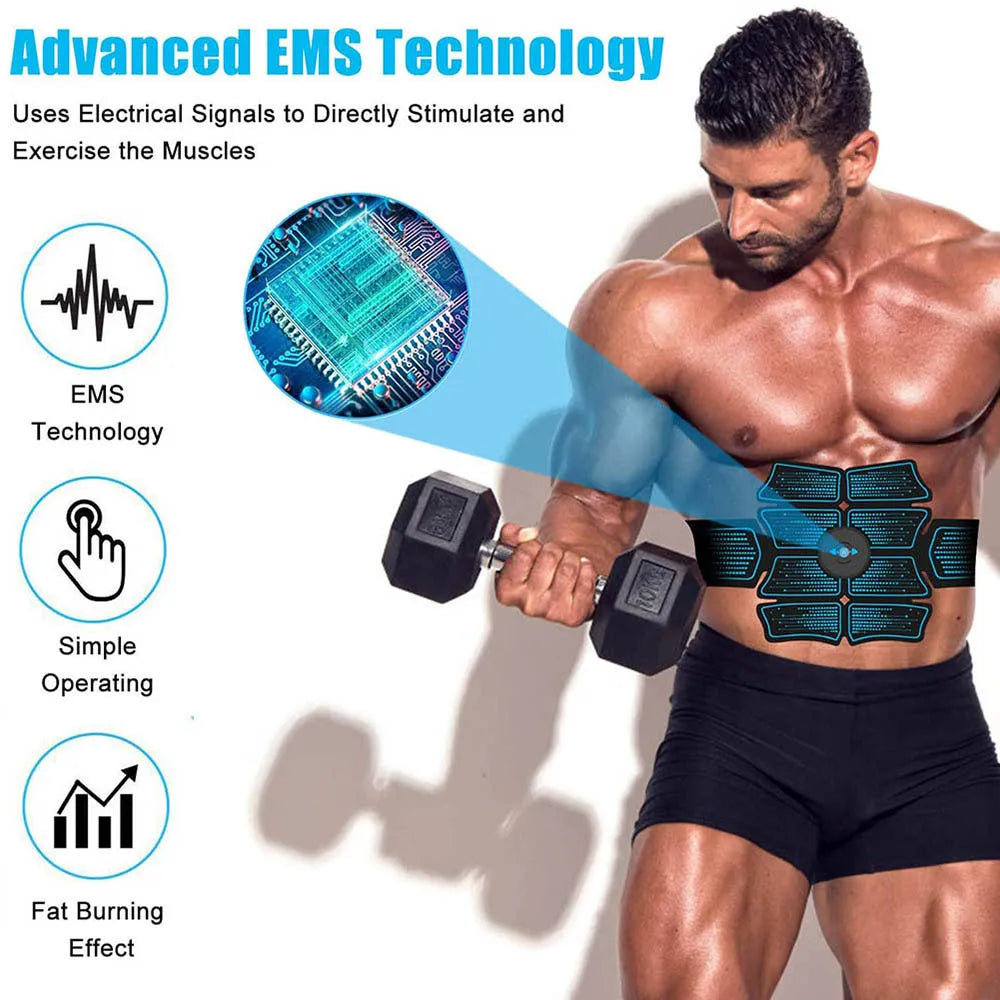 EMS abdominal muscle stimulator belt with remote and two arm belts on a white background