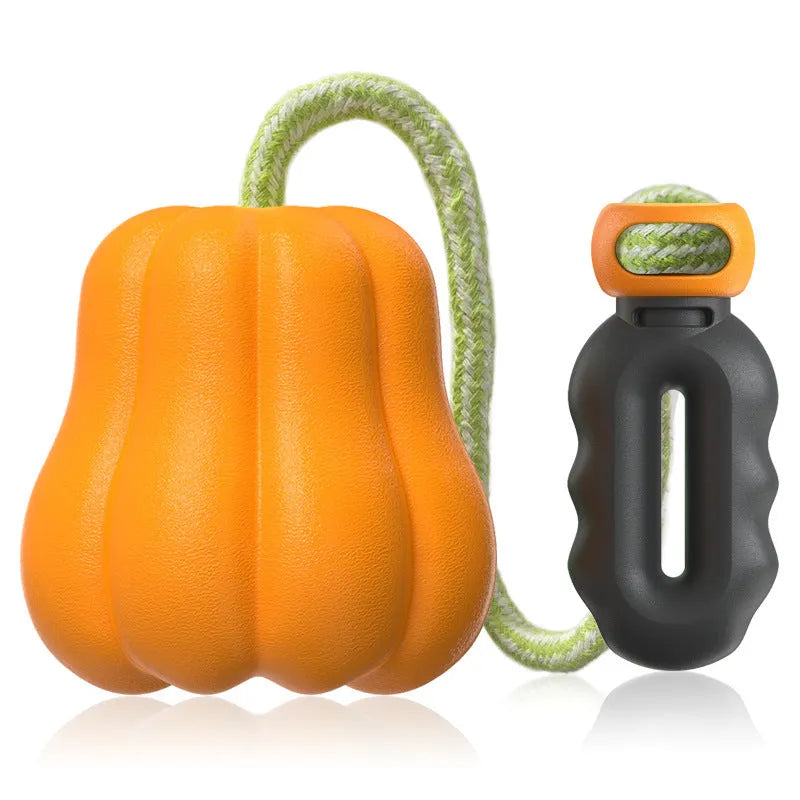 Pumpkin-coloured plastic dog chew toy with a rope attached for fetching.