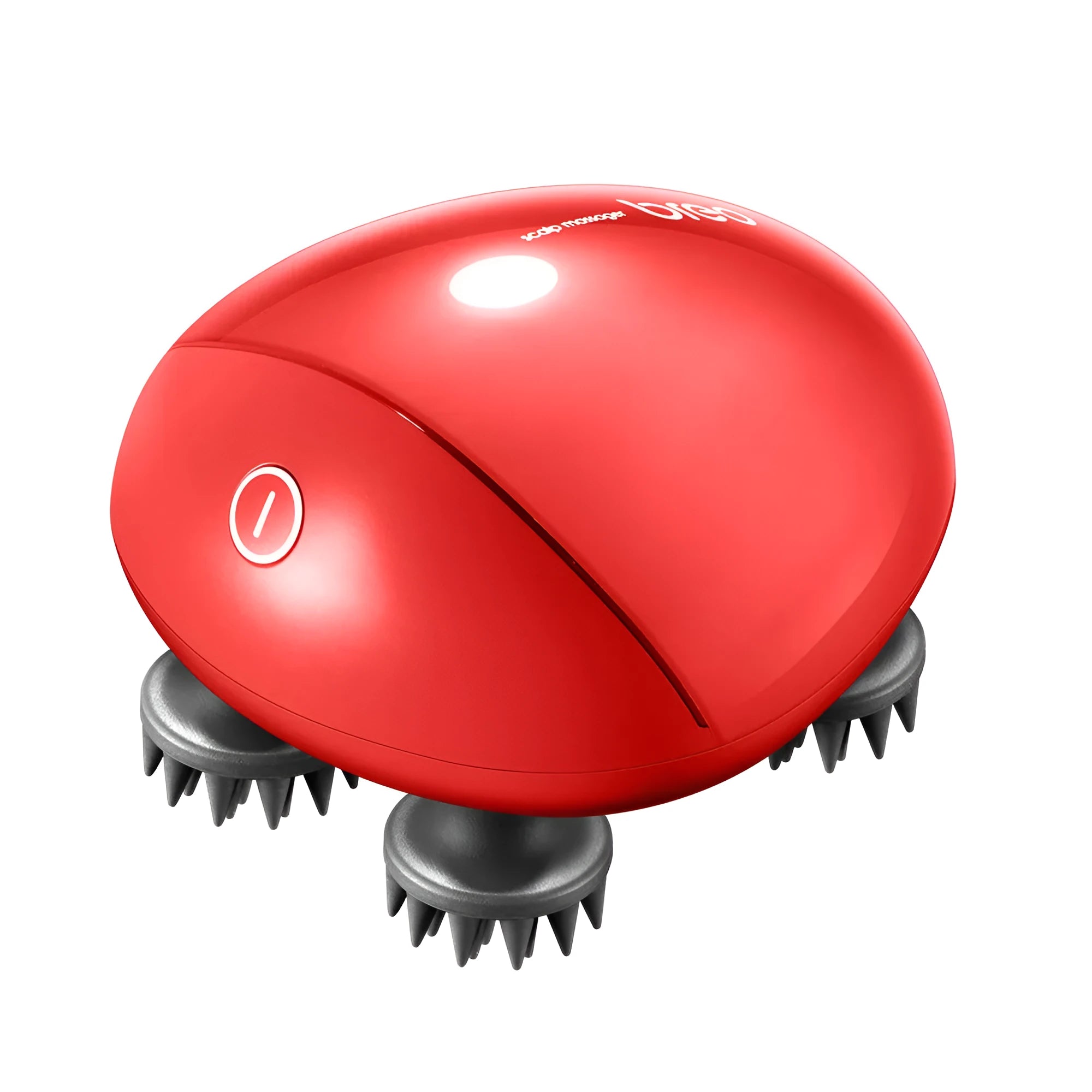 Red electric scalp massager with silicone comb for head tension relief.