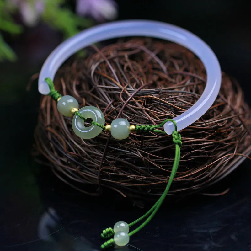 Handmade half bracelet with Hetian jade, white agate beads, and peace buckle closure