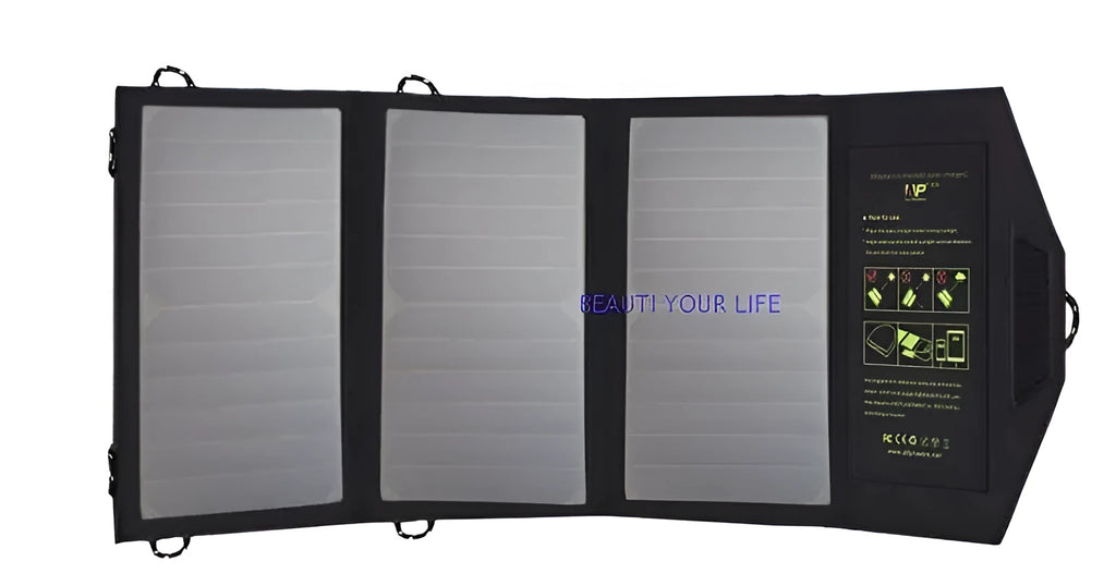 Black foldable solar panel charger with dual USB ports unfolded on a backpack.