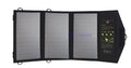 Black foldable solar panel charger with dual USB ports unfolded on a backpack.