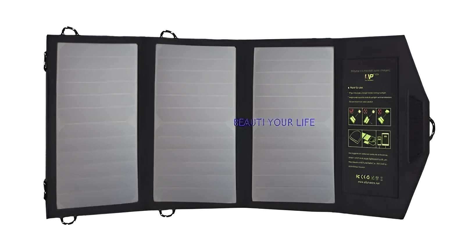 Black foldable solar panel charger with dual USB ports unfolded on a backpack.