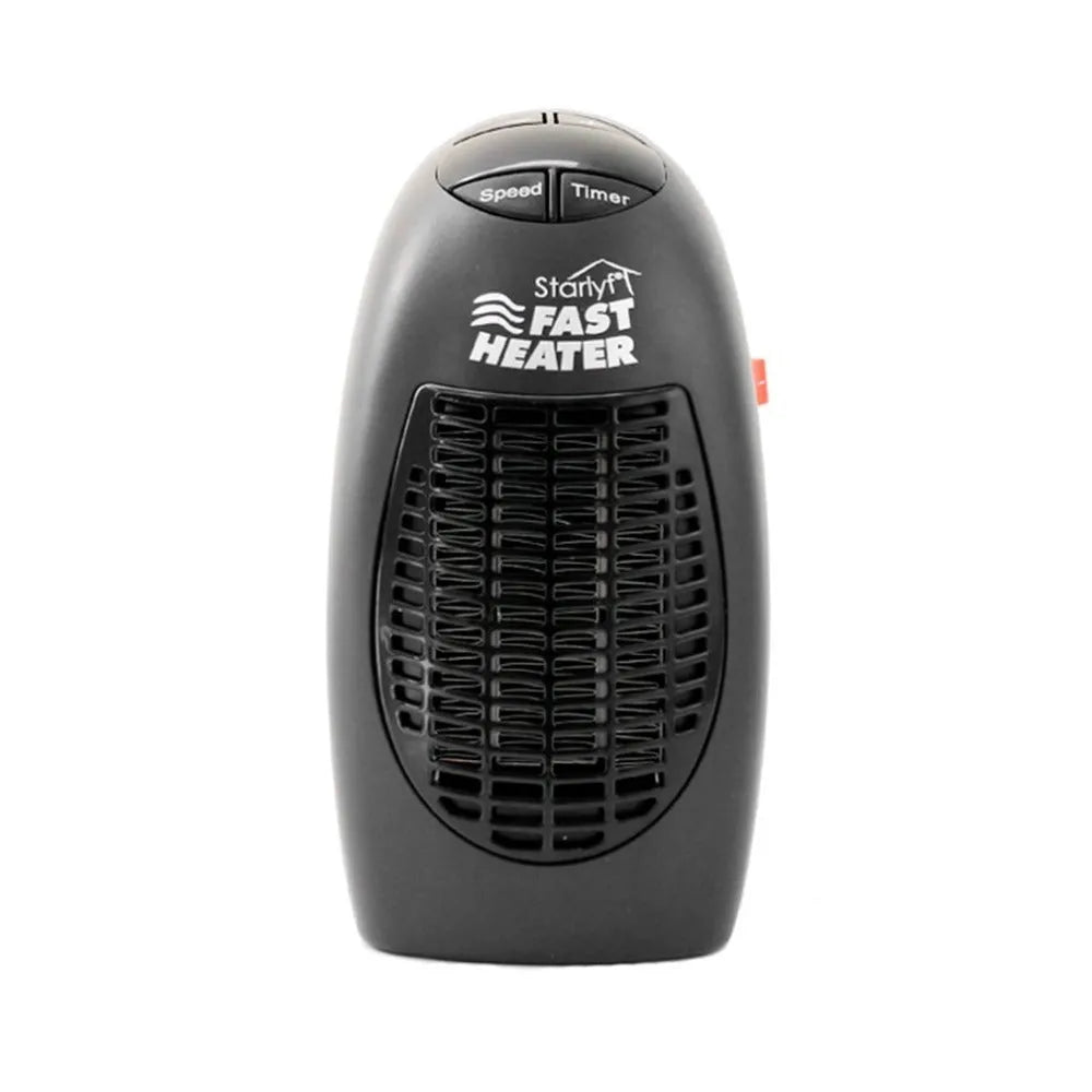Black compact ceramic electric heater with digital display and a rotating three-pin plug.