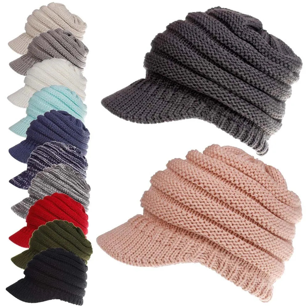 Women's knitted acrylic beanie hat designed for wearing with a ponytail or bun.