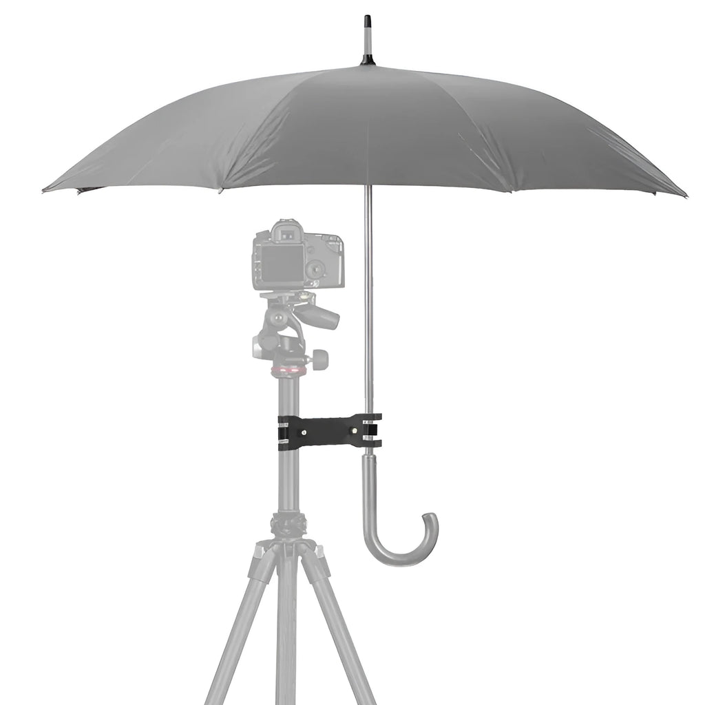 Black ABS plastic umbrella clip for mounting on a camera tripod quick release plate.