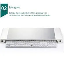 Black computer monitor stand with USB ports on the front and a hidden keyboard storage compartment underneath