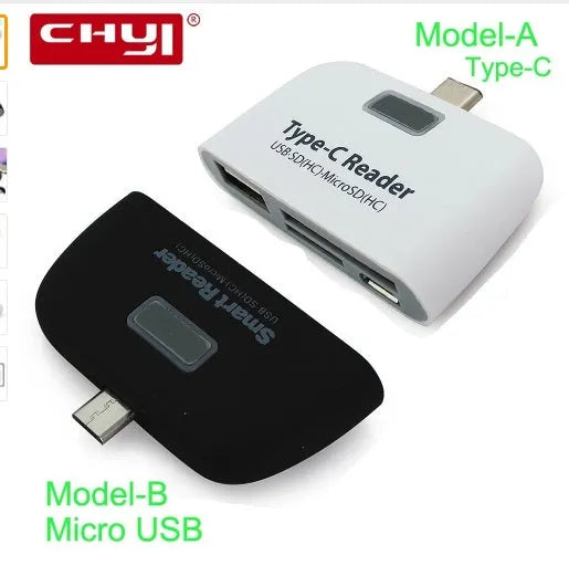 USB C OTG card reader with dual slots for SD and microSD cards in Black colour