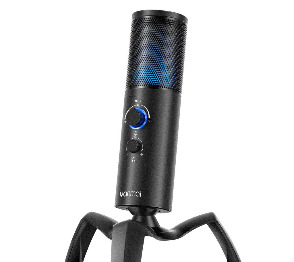 Black metal USB condenser microphone with RGB lighting on integrated tripod mount