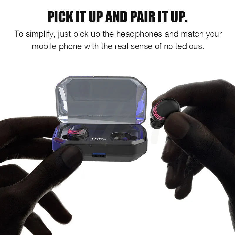 Black X10 true wireless Bluetooth earbuds inside their rectangular charging case.