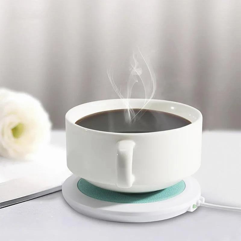 Insulated USB heating coaster with PU leather cover in black, blue, or orange colours