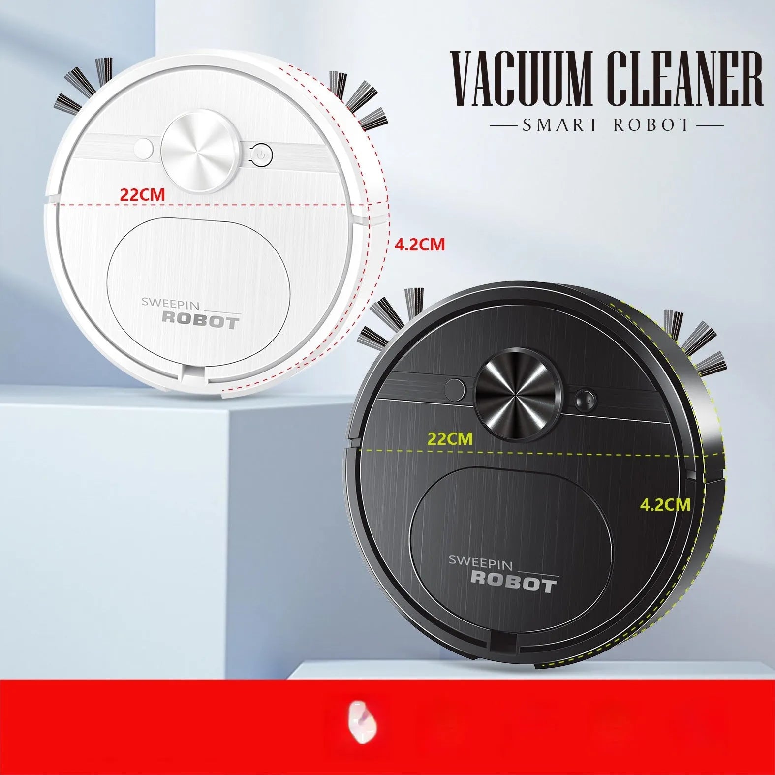 Black and white three-in-one robot vacuum cleaner with USB charging cable and cleaning accessories