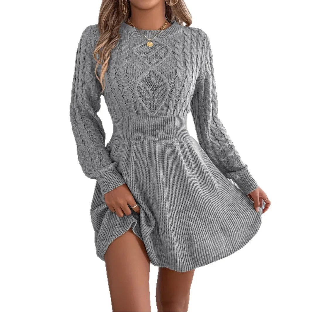 Women's lantern sleeve sweater dress with elastic waist in black artificial fur fabric