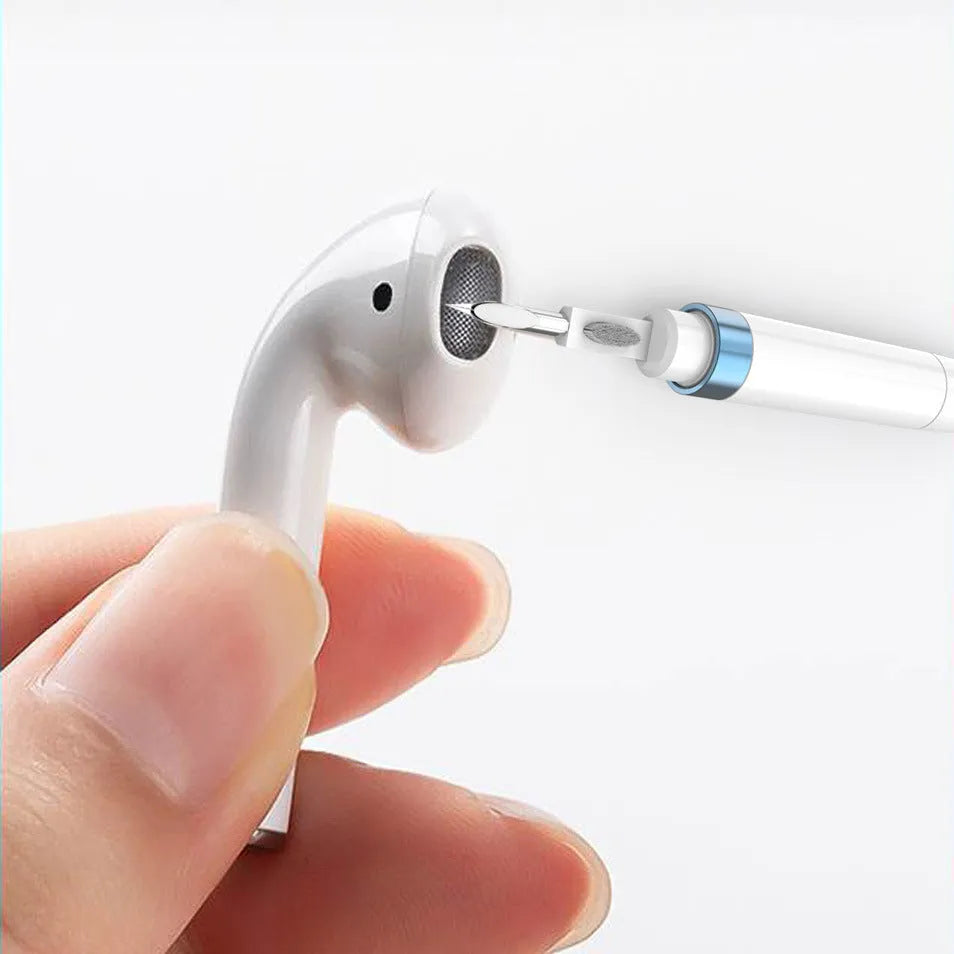 Multi-layer electronics cleaning pen with stainless steel nib and brush for headphones and mobile devices
