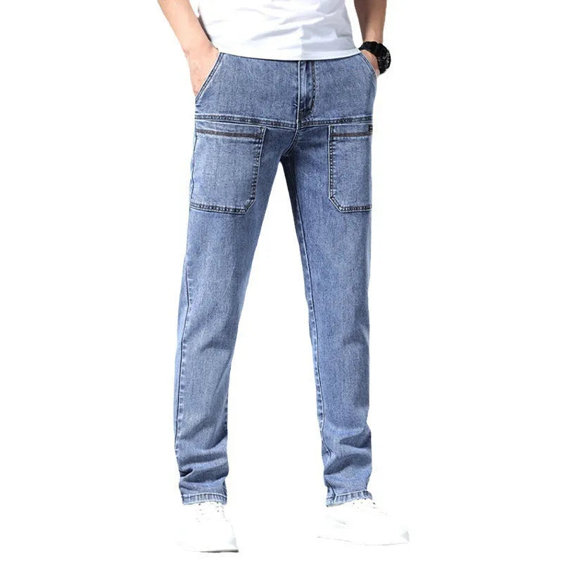 Men's straight-leg multi-pocket denim jeans in black, dark blue, and light blue colours, sizes 28 to 38