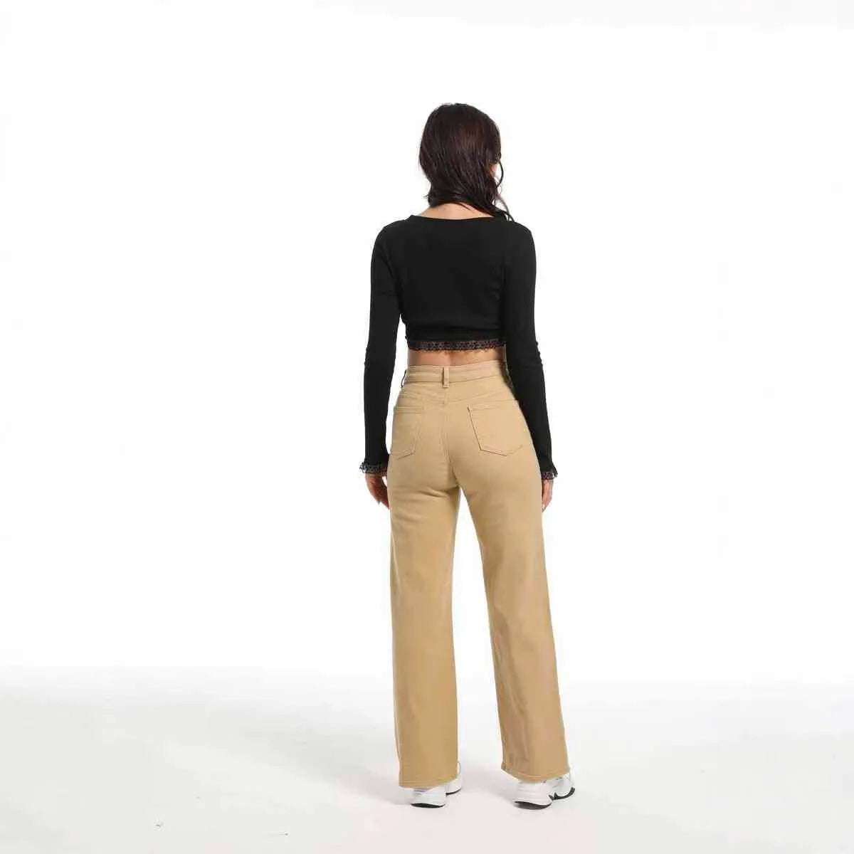 Women's straight leg wide trousers in apricot colour with high waist