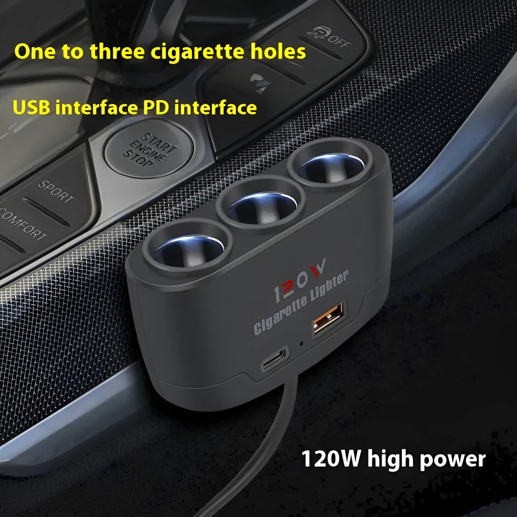 Multi-function car cigarette lighter adapter with USB Type-C PD fast charging ports for 12V24V vehicles