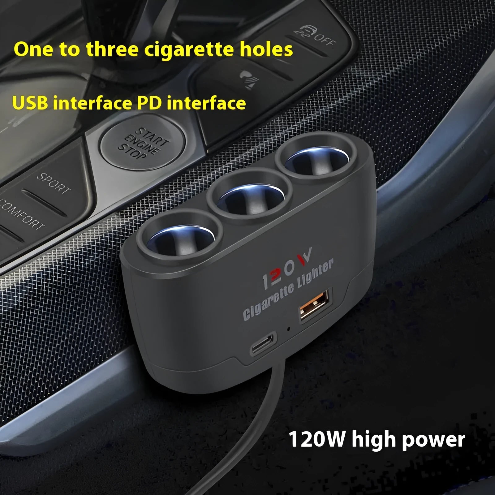 Multi-function car cigarette lighter adapter with USB Type-C PD fast charging ports for 12V24V vehicles