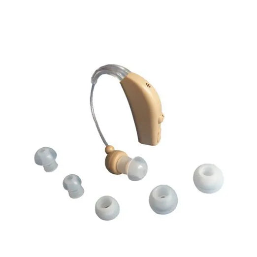 Rechargeable behind-the-ear digital hearing aid amplifier with mini plastic casing and detachable ear plugs.