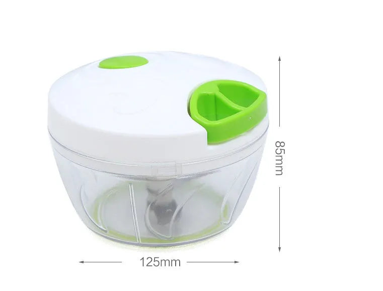 Green manual kitchen chopper with three stainless steel blades and 500ml container for vegetables and meats