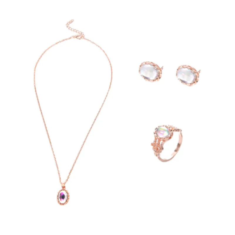 Women's pendant necklace set in alloy with electroplating and inlaid artificial gems, supplied with earrings and hand accessories.