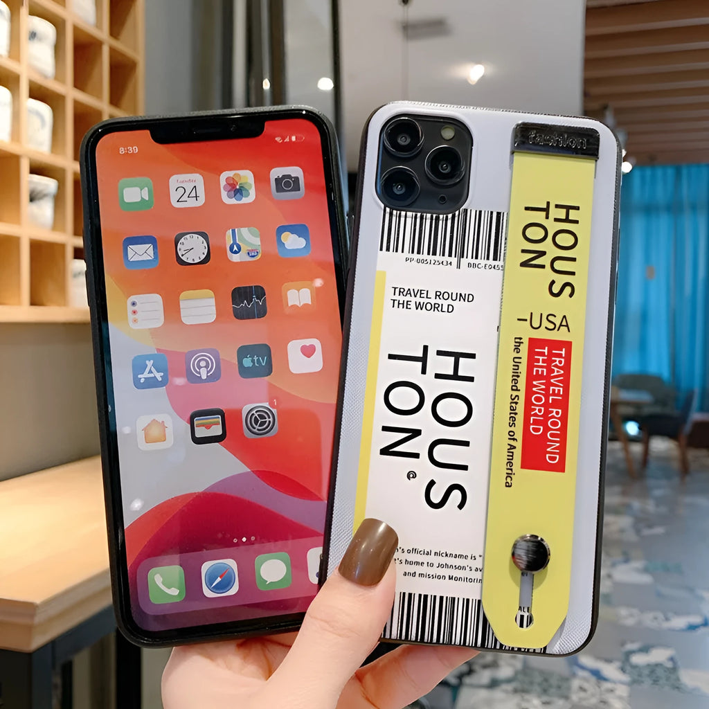 iPhone mobile phone case with TPU PC construction and detachable wristband in red violet yellow colour options