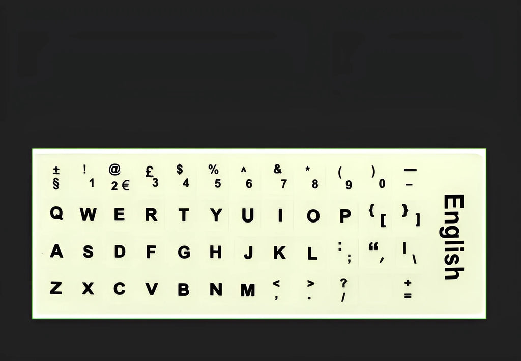 Yellow glowing keyboard stickers showing Arabic, Thai, Hebrew, French, Italian and German characters on PVC sheet