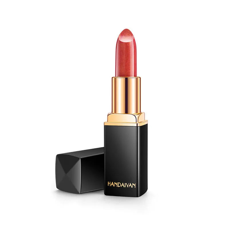 Pearlescent thermochromic lipstick in a standard bullet format with colour-shifting finish, available in nine shades