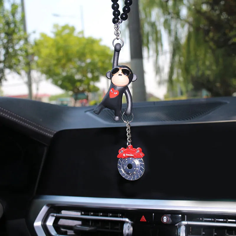 Hip-hop cartoon monkey wearing sunglasses rearview mirror pendant with beaded necklace